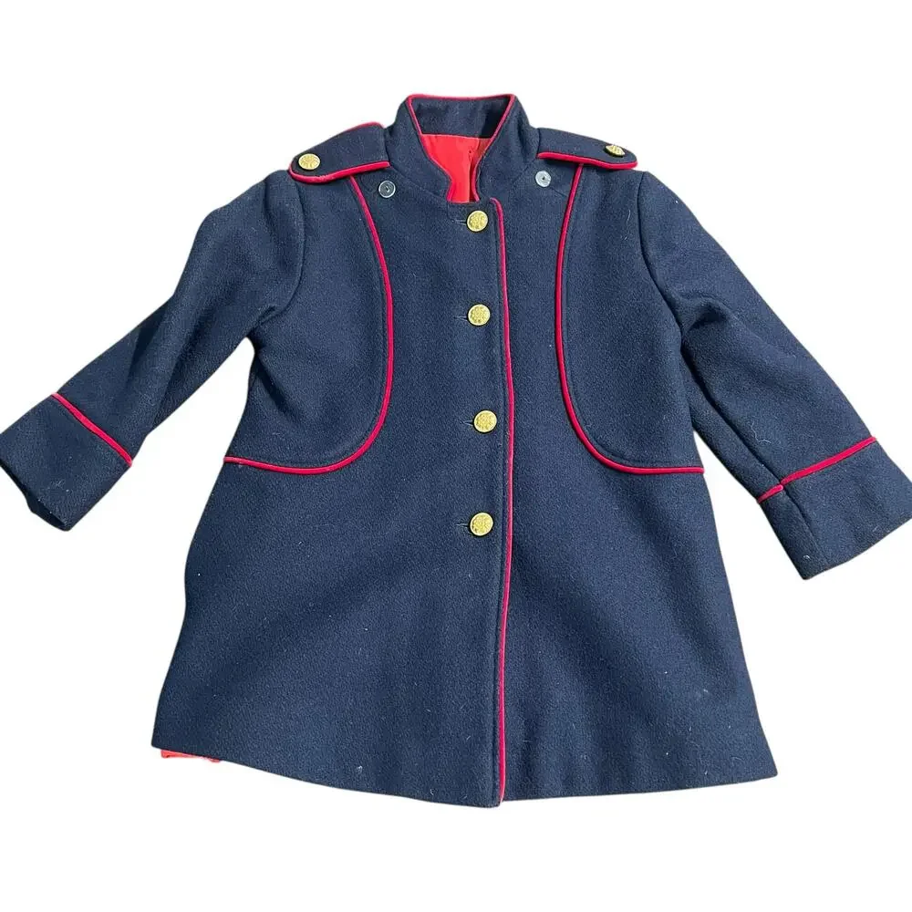 Vintage Barbury NY Wool Blue Small Child Navy Coat Epaulettes Gold Buttons  Sz4